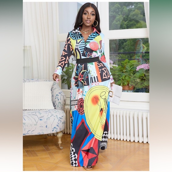 Maxi Dress for Women Casual Long Sleeve Button Down Floor Length V-Neck Long - Picture 3 of 8